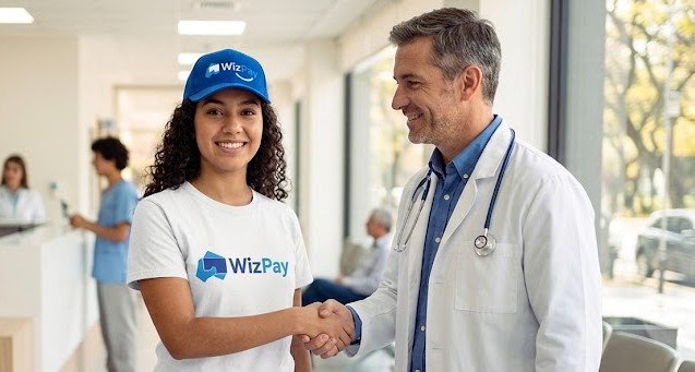 Asesora de WizPay saludando a un médico en su clínica